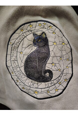 Cloakmakers.com 6166-Washable Beige & Heathered Black Wool Cloak w/ Black Velvet Hood Lining & Celestial Cat Embroidery & Pockets