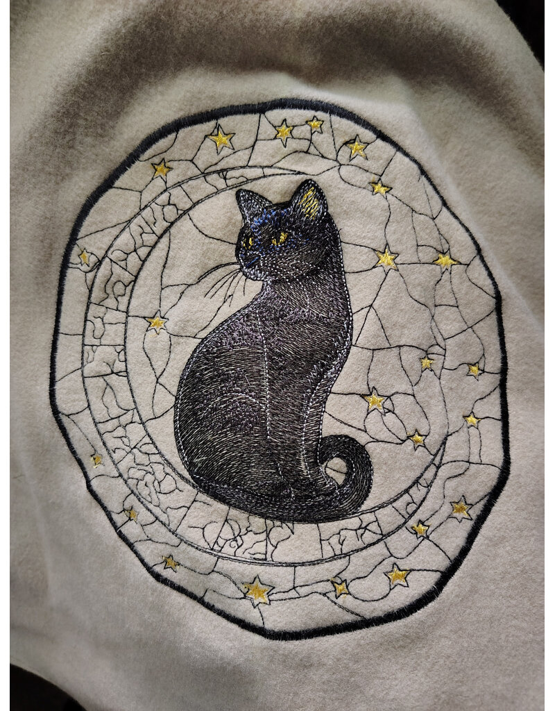 Cloakmakers.com 6166-Washable Beige & Heathered Black Wool Cloak w/ Black Velvet Hood Lining & Celestial Cat Embroidery & Pockets