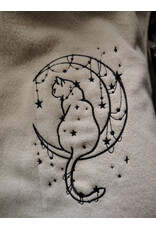 Cloakmakers.com 6166-Washable Beige & Heathered Black Wool Cloak w/ Black Velvet Hood Lining & Celestial Cat Embroidery & Pockets