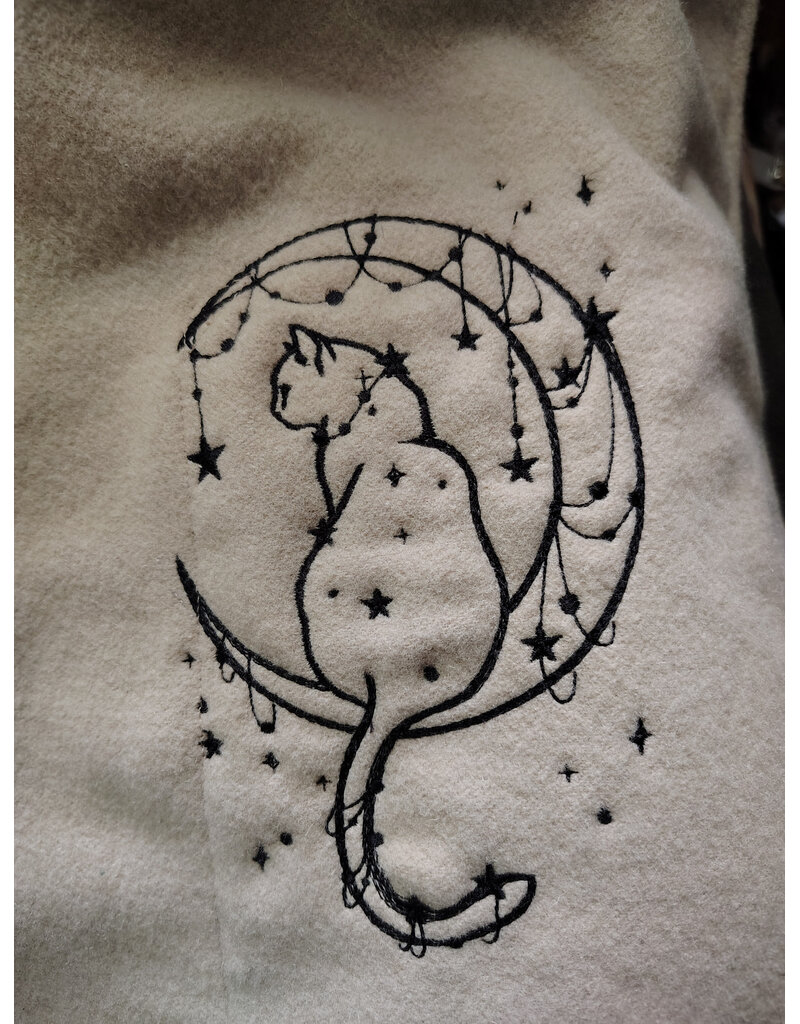 Cloakmakers.com 6166-Washable Beige & Heathered Black Wool Cloak w/ Black Velvet Hood Lining & Celestial Cat Embroidery & Pockets
