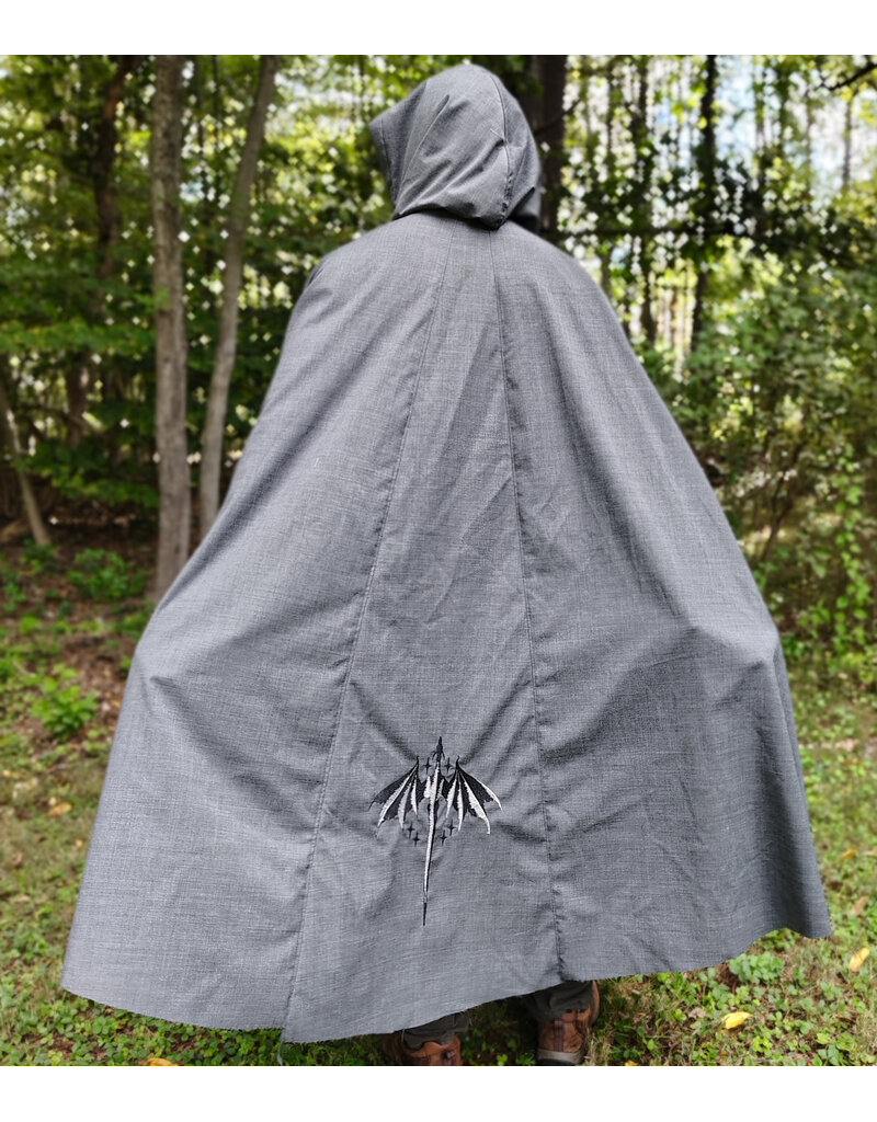 Cloakmakers.com 6167-Washable Lightweight Grey Wool Cloak w/ Black Velvet Hood Lining & Black & White Dragon Embroidery