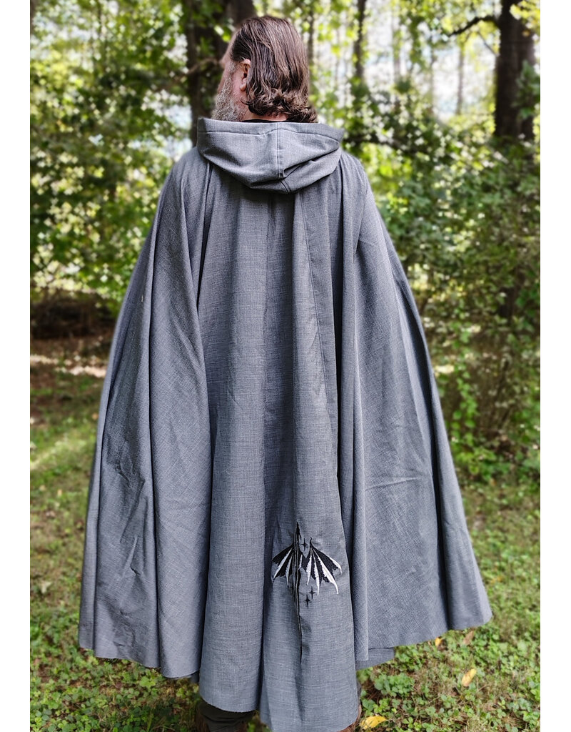 Cloakmakers.com 6167-Washable Lightweight Grey Wool Cloak w/ Black Velvet Hood Lining & Black & White Dragon Embroidery