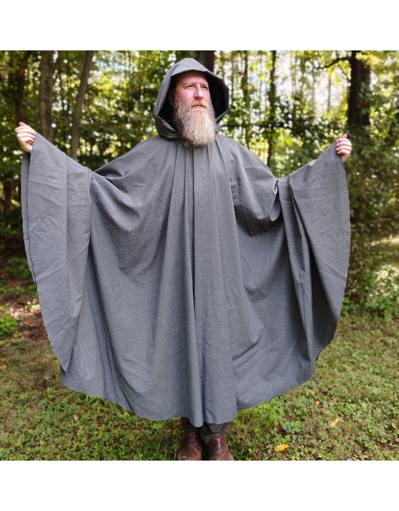Cloakmakers.com 6167-Washable Lightweight Grey Wool Cloak w/ Black Velvet Hood Lining & Black & White Dragon Embroidery