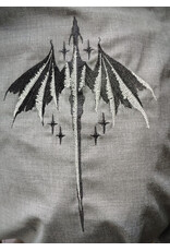Cloakmakers.com 6167-Washable Lightweight Grey Wool Cloak w/ Black Velvet Hood Lining & Black & White Dragon Embroidery