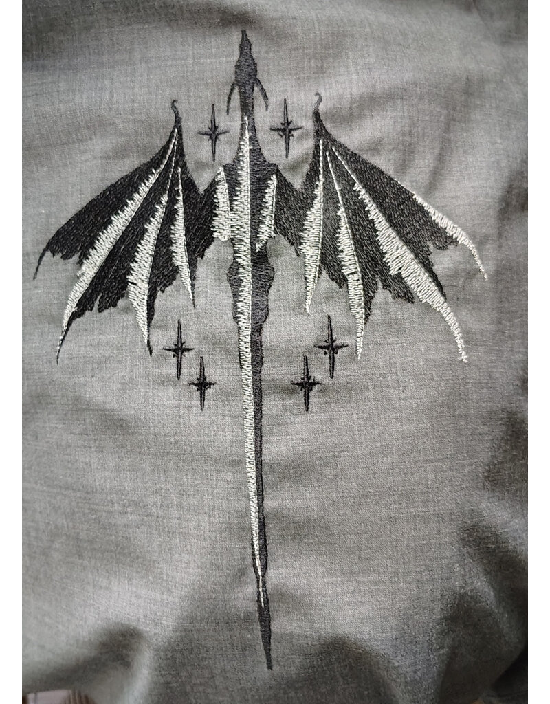 Cloakmakers.com 6167-Washable Lightweight Grey Wool Cloak w/ Black Velvet Hood Lining & Black & White Dragon Embroidery
