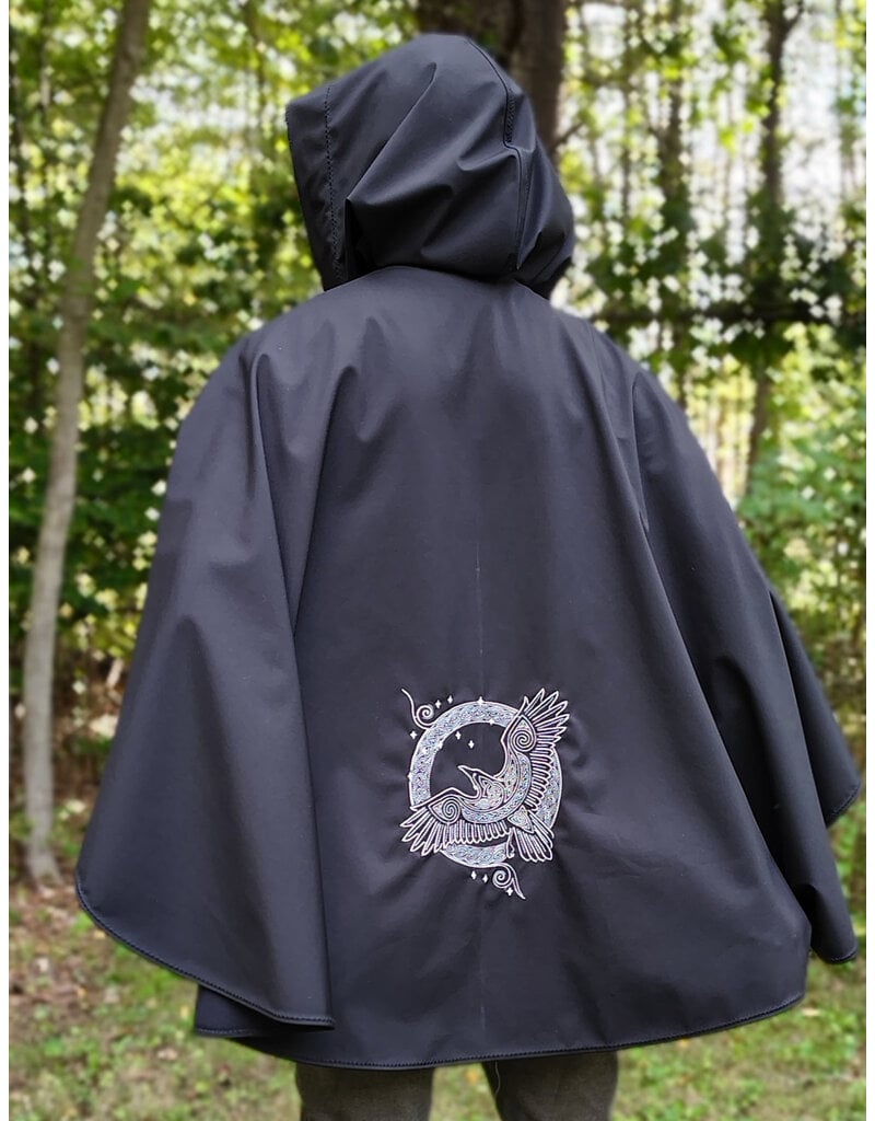 Cloakmakers.com 6168-Washable Lightweight Black Raincloak w/ White Celtic Raven Embroidery & Pockets