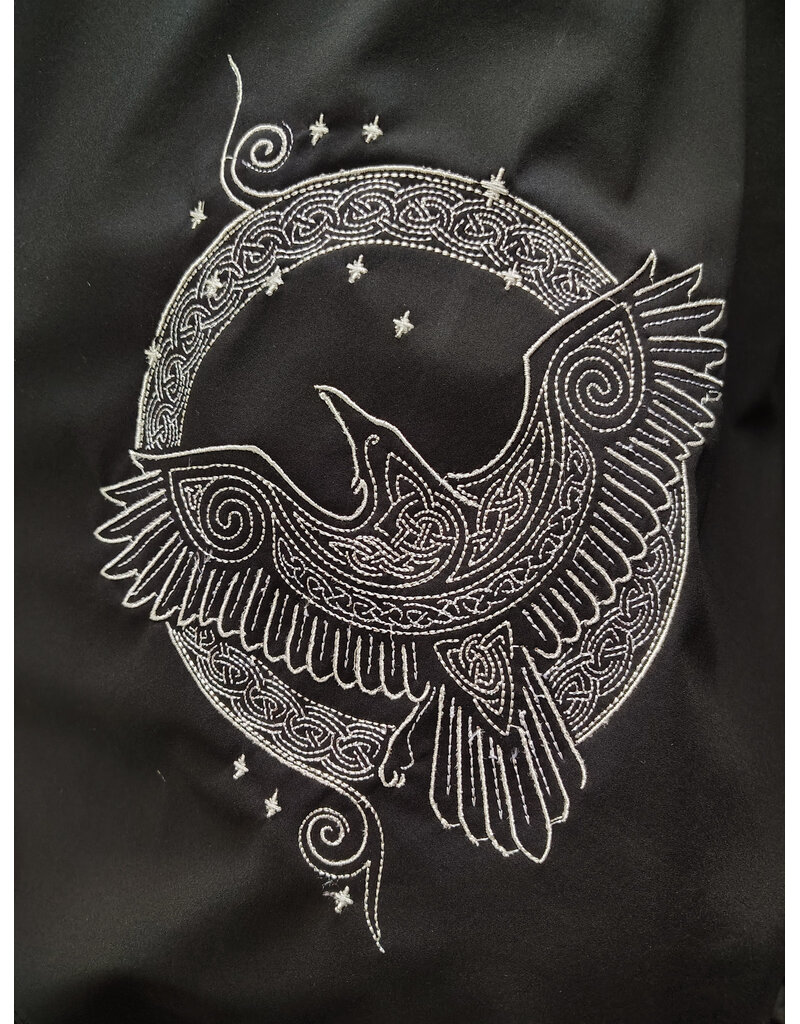 Cloakmakers.com 6168-Washable Lightweight Black Raincloak w/ White Celtic Raven Embroidery & Pockets