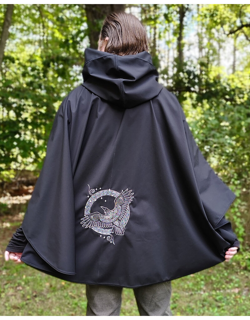 Cloakmakers.com 6168-Washable Lightweight Black Raincloak w/ White Celtic Raven Embroidery & Pockets
