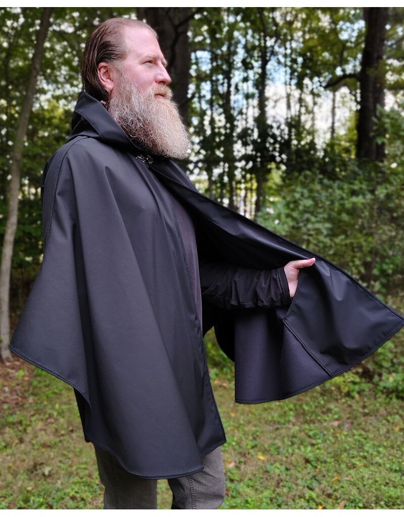 Cloakmakers.com 6168-Washable Lightweight Black Raincloak w/ White Celtic Raven Embroidery & Pockets