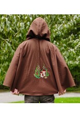 Cloakmakers.com 6169-Brown Wool Blend Cloak w/ Blue Velvet Hood Lining & Mushroom Strawberry Field Embroidery & Two Pockets