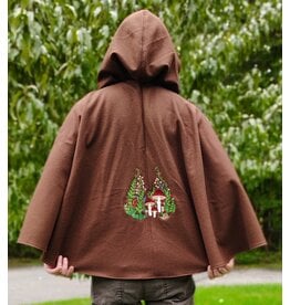Cloakmakers.com 6169-Brown Wool Blend Cloak w/ Blue Velvet Hood Lining & Mushroom Strawberry Field Embroidery & Two Pockets