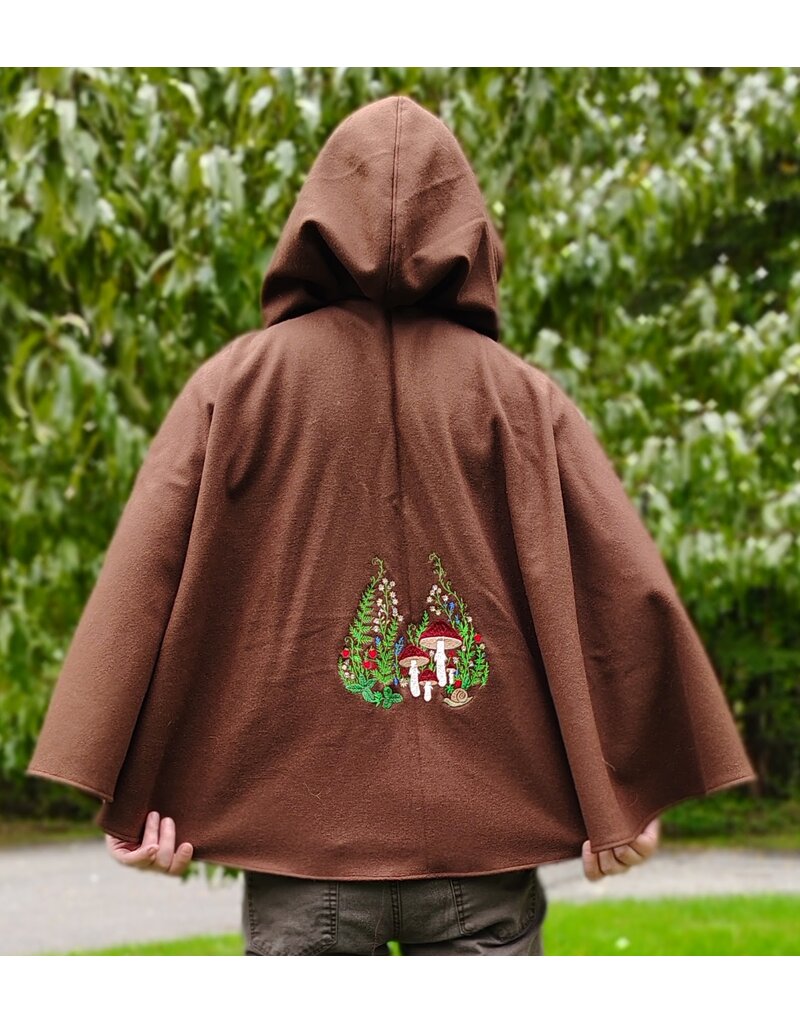 Cloakmakers.com 6169-Brown Wool Blend Cloak w/ Blue Velvet Hood Lining & Mushroom Strawberry Field Embroidery & Two Pockets