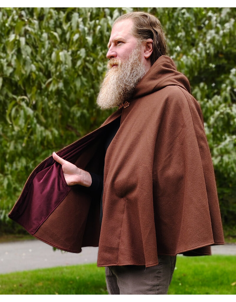 Cloakmakers.com 6169-Brown Wool Blend Cloak w/ Blue Velvet Hood Lining & Mushroom Strawberry Field Embroidery & Two Pockets