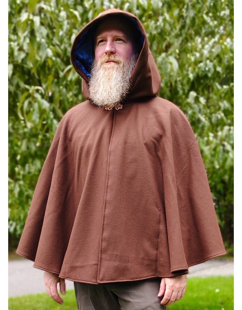 Cloakmakers.com 6169-Brown Wool Blend Cloak w/ Blue Velvet Hood Lining & Mushroom Strawberry Field Embroidery & Two Pockets