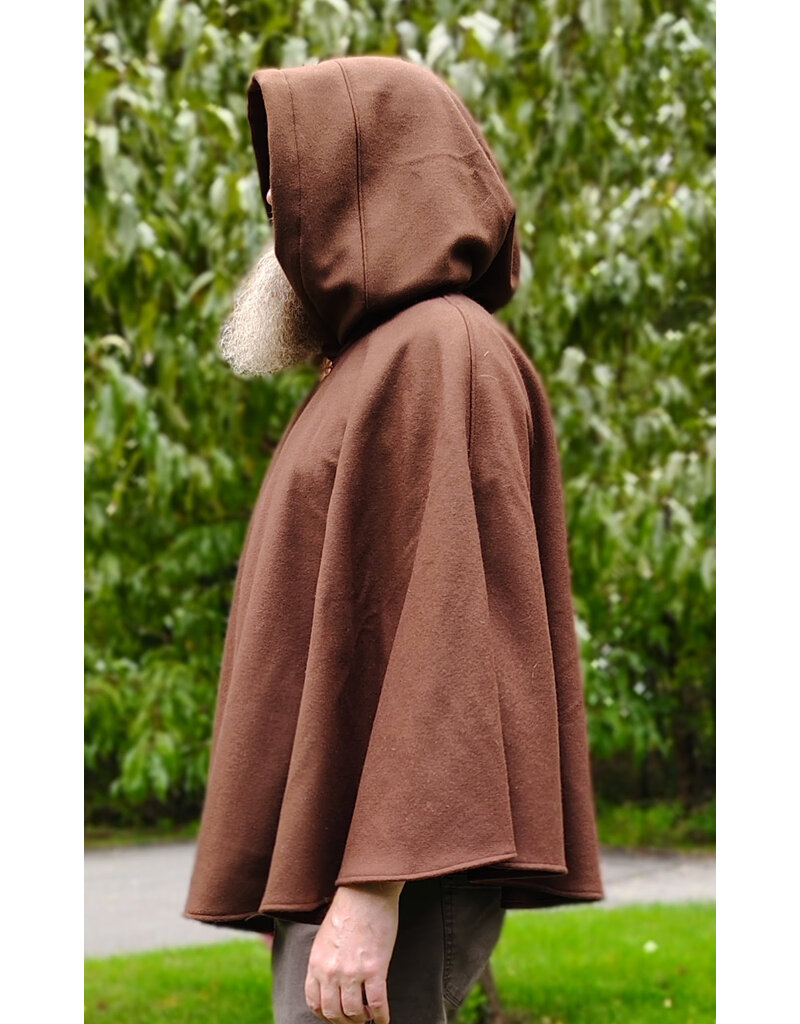 Cloakmakers.com 6169-Brown Wool Blend Cloak w/ Blue Velvet Hood Lining & Mushroom Strawberry Field Embroidery & Two Pockets