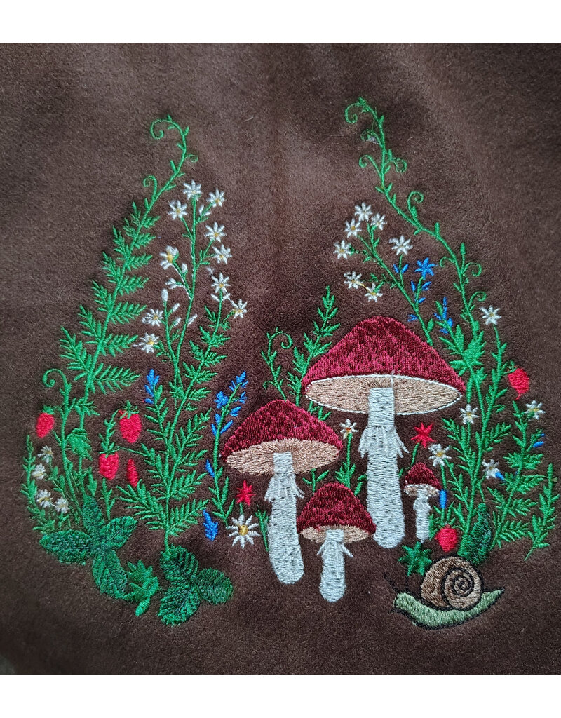 Cloakmakers.com 6169-Brown Wool Blend Cloak w/ Blue Velvet Hood Lining & Mushroom Strawberry Field Embroidery & Two Pockets
