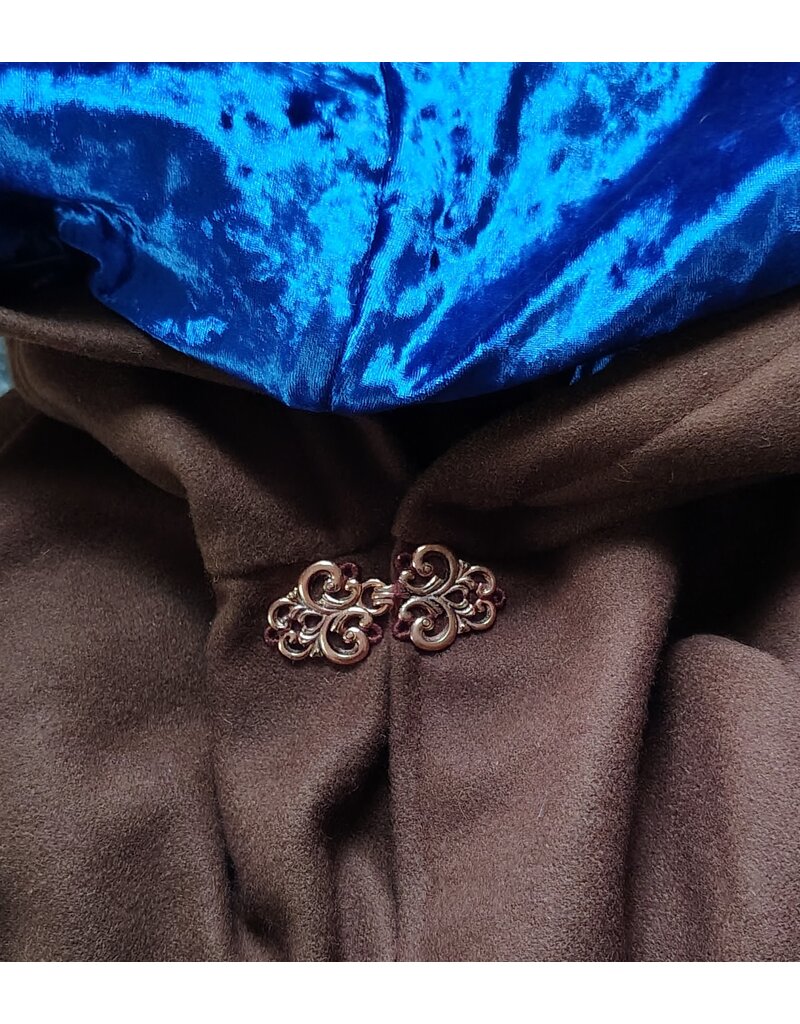 Cloakmakers.com 6169-Brown Wool Blend Cloak w/ Blue Velvet Hood Lining & Mushroom Strawberry Field Embroidery & Two Pockets