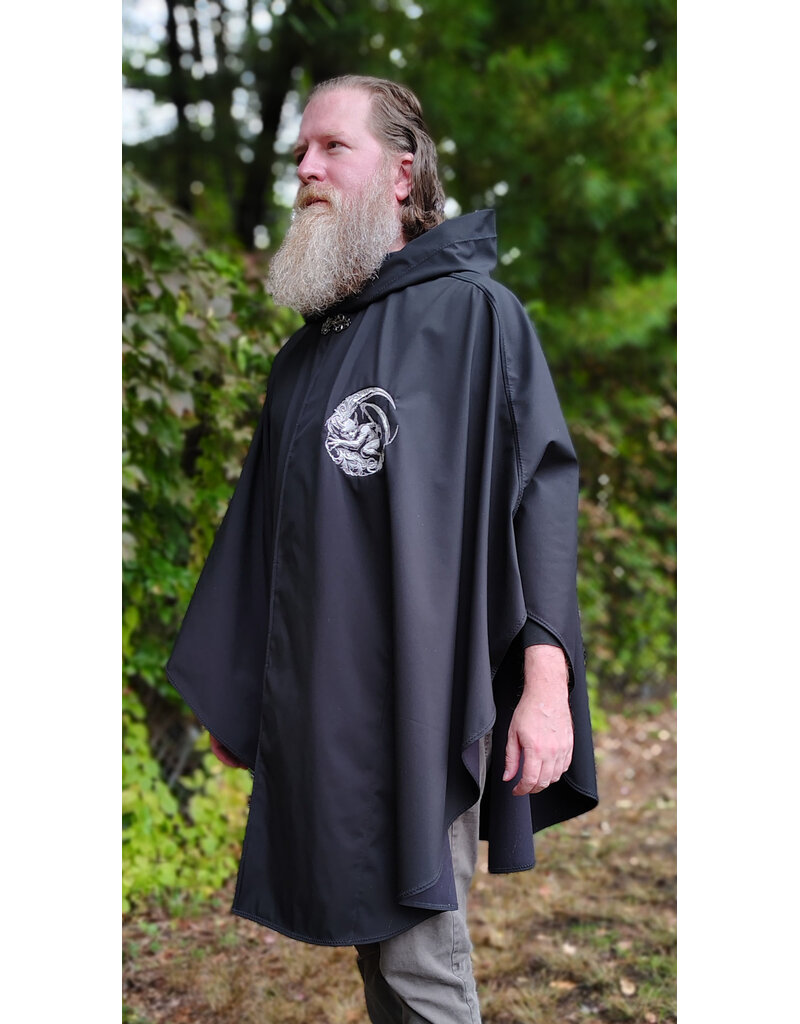Cloakmakers.com 6170-Washable Lightweight Black Raincloak w/ Dual Gargoyle Embroidery & Interior Pockets
