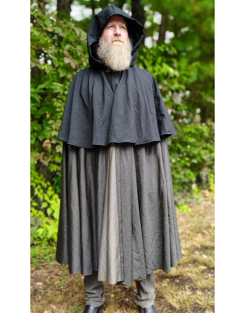 Cloakmakers.com 6171-Washable Lightweight Black & Grey Mantle Cloak w/ Black Velvet Hood Lining & Silver Tone Clasp
