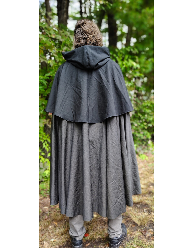 Cloakmakers.com 6171-Washable Lightweight Black & Grey Mantle Cloak w/ Black Velvet Hood Lining & Silver Tone Clasp