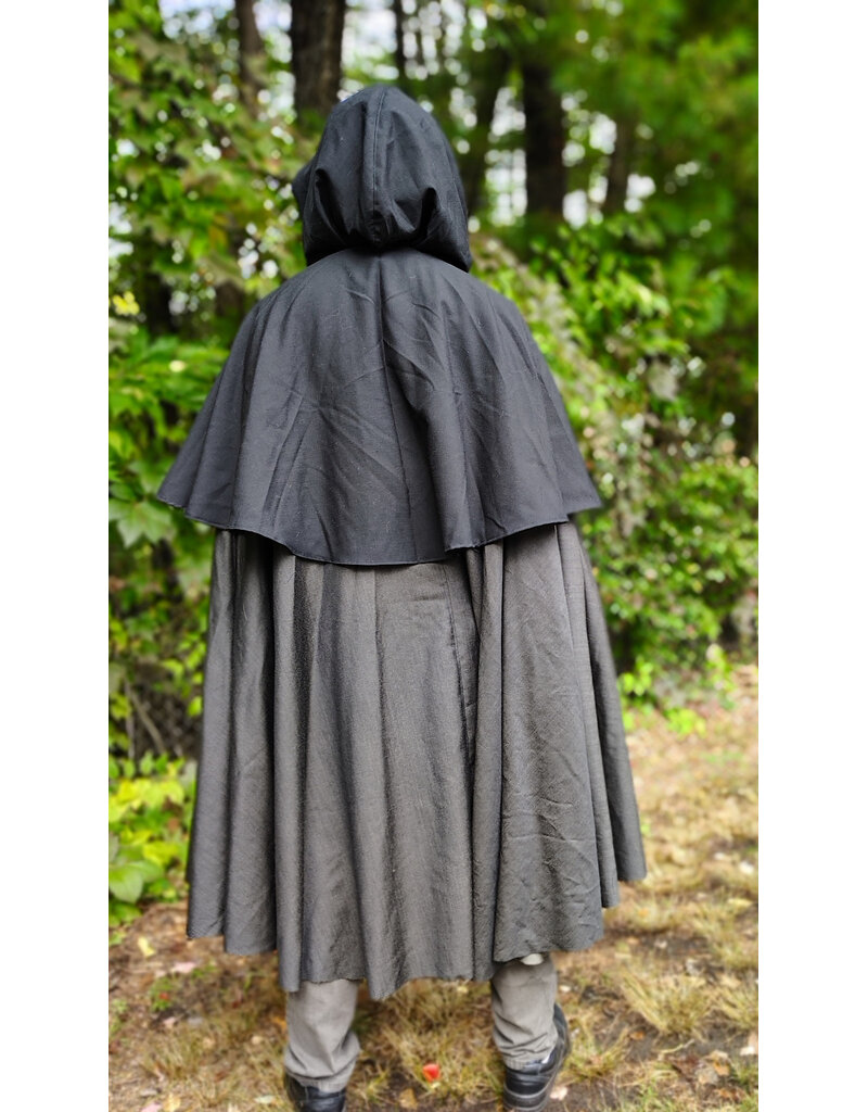 Cloakmakers.com 6171-Washable Lightweight Black & Grey Mantle Cloak w/ Black Velvet Hood Lining & Silver Tone Clasp