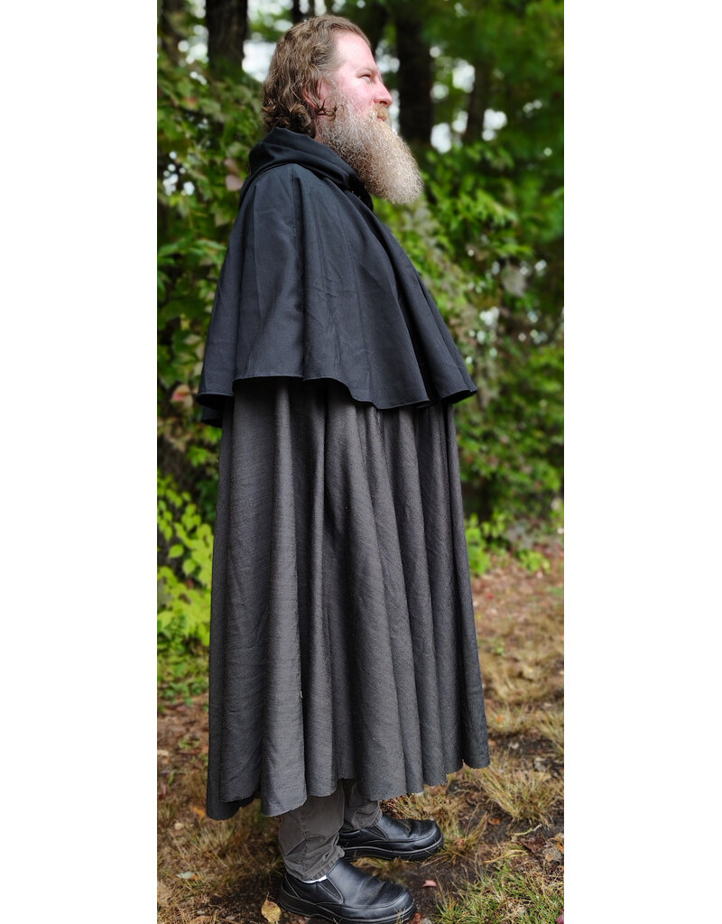 Cloakmakers.com 6171-Washable Lightweight Black & Grey Mantle Cloak w/ Black Velvet Hood Lining & Silver Tone Clasp