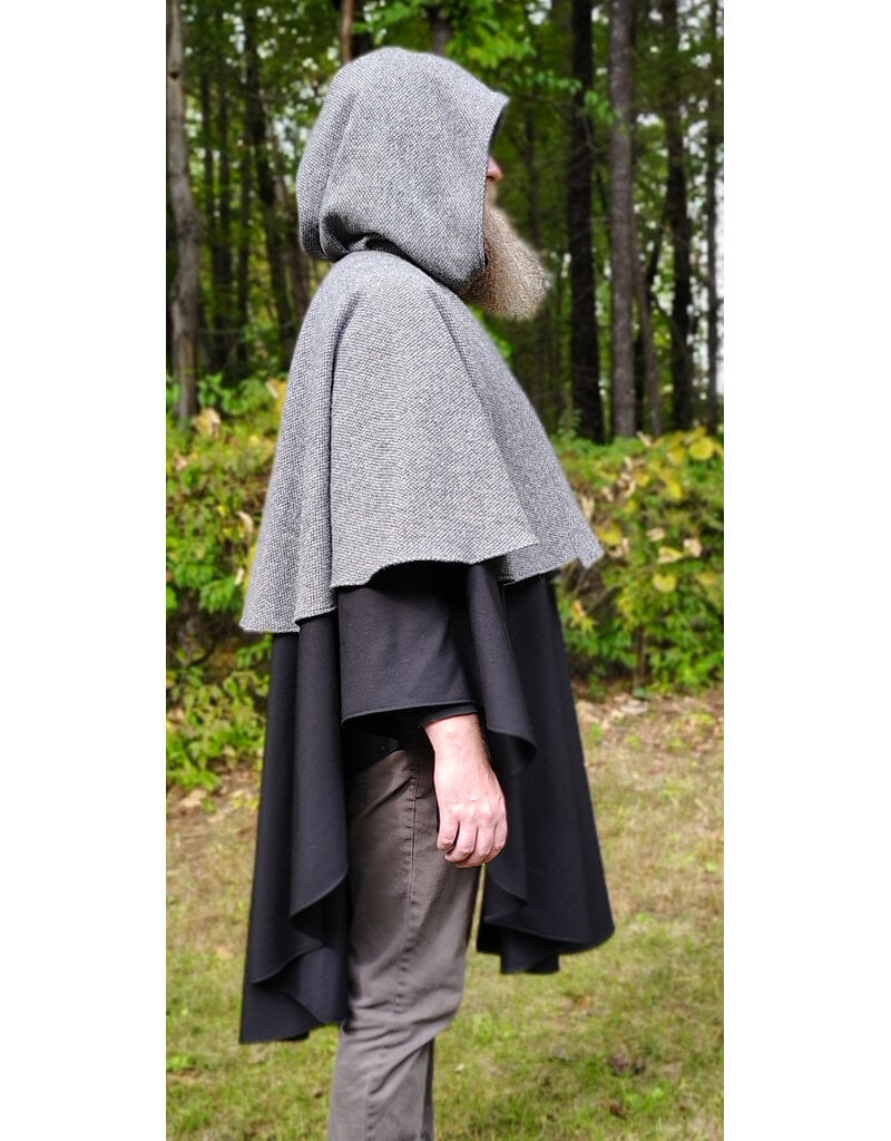 Cloakmakers.com 6172-Washable Black & Grey Mini-Checkered Mantle Cloak w/ Black Velvet Hood Lining & Dual Loop & Button Closure