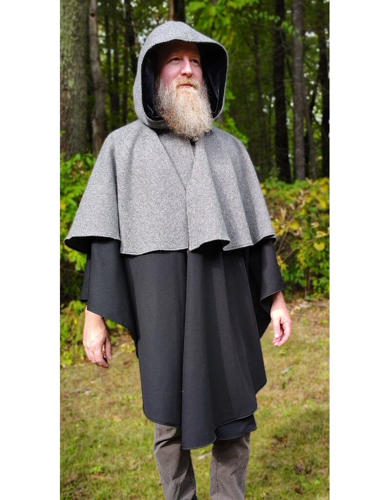 Cloakmakers.com 6172-Washable Black & Grey Mini-Checkered Mantle Cloak w/ Black Velvet Hood Lining & Dual Loop & Button Closure