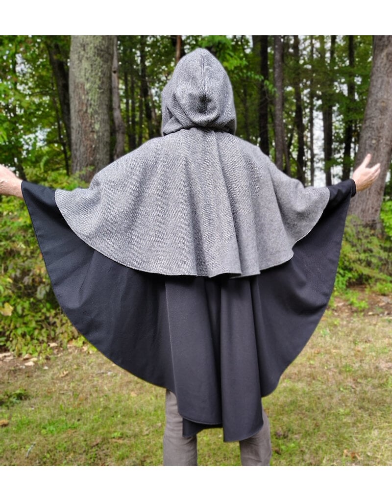 Cloakmakers.com 6172-Washable Black & Grey Mini-Checkered Mantle Cloak w/ Black Velvet Hood Lining & Dual Loop & Button Closure