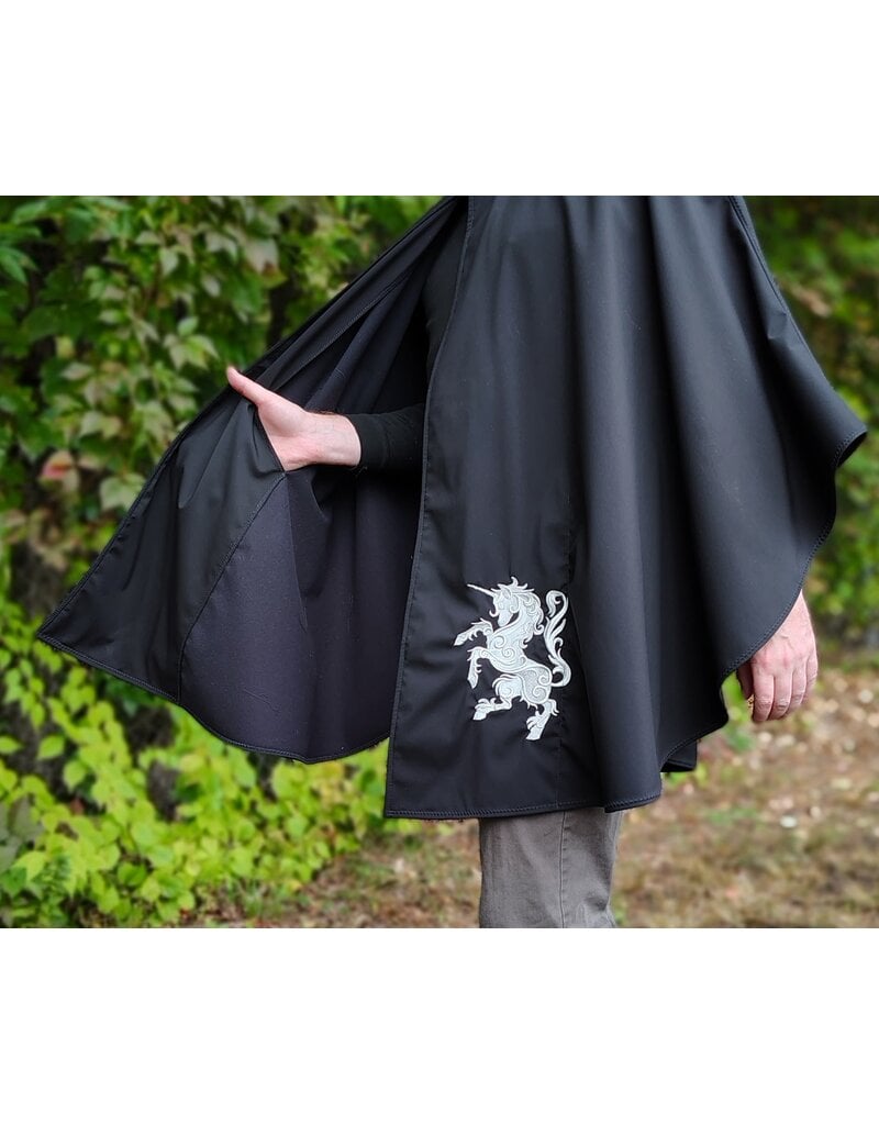 Cloakmakers.com 6173-Washable Lightweight Black Raincloak w/ White Unicorn Embroidery