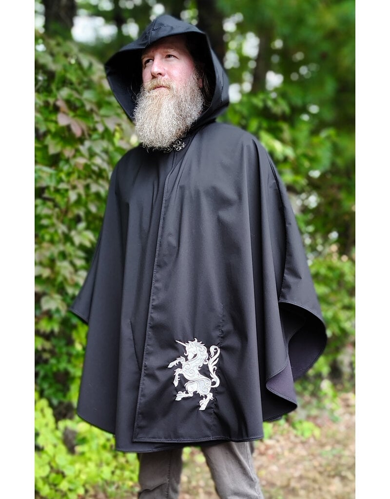 Cloakmakers.com 6173-Washable Lightweight Black Raincloak w/ White Unicorn Embroidery