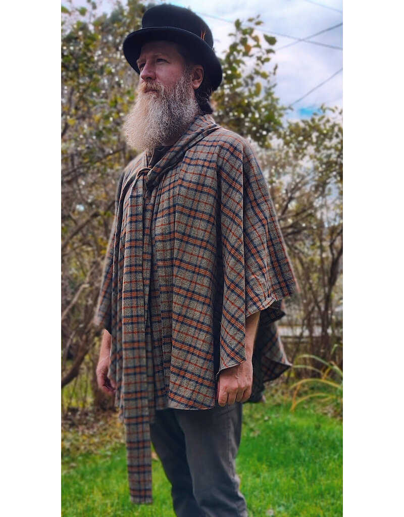 Cloakmakers.com 6175-Washable Green, Blue, & Copper Plaid Cotton Collared Cloak w/ Integrated Scarf & Magnetic Snaps