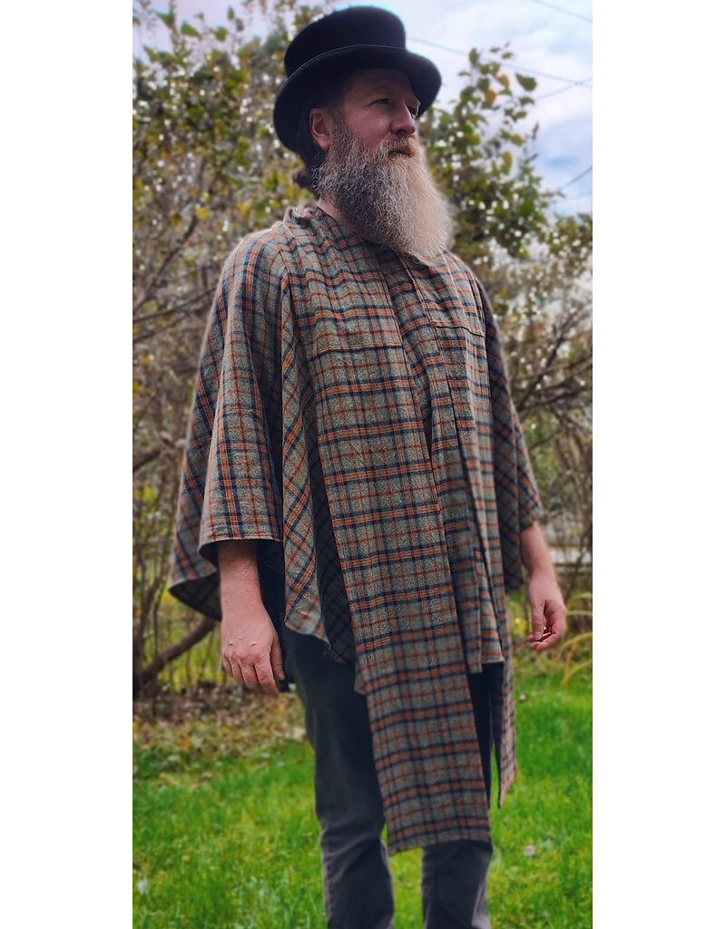 Cloakmakers.com 6175-Washable Green, Blue, & Copper Plaid Cotton Collared Cloak w/ Integrated Scarf & Magnetic Snaps