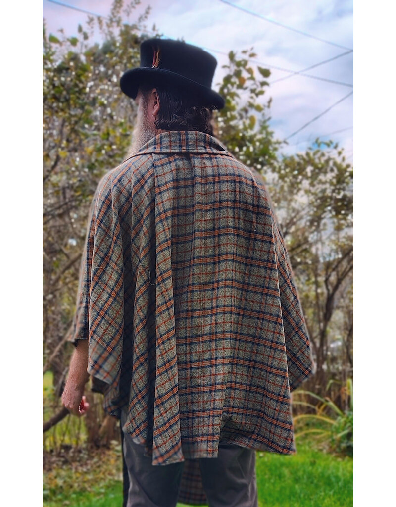 Cloakmakers.com 6175-Washable Green, Blue, & Copper Plaid Cotton Collared Cloak w/ Integrated Scarf & Magnetic Snaps