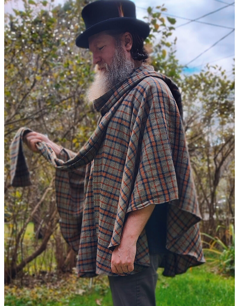 Cloakmakers.com 6175-Washable Green, Blue, & Copper Plaid Cotton Collared Cloak w/ Integrated Scarf & Magnetic Snaps