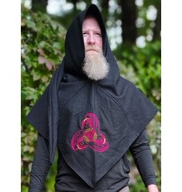 Cloakmakers.com H595-Washable Black Wool Hooded Cowl w/ Triple Dragon Embroidery & Liripipe