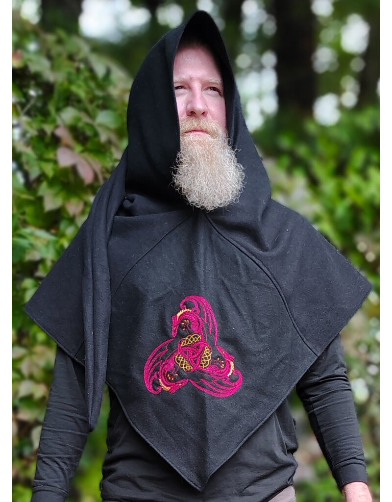Cloakmakers.com H595-Washable Black Wool Hooded Cowl w/ Triple Dragon Embroidery & Liripipe