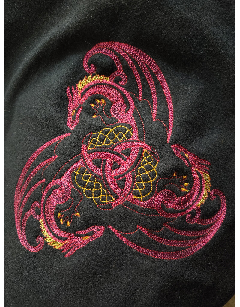 Cloakmakers.com H595-Washable Black Wool Hooded Cowl w/ Triple Dragon Embroidery & Liripipe