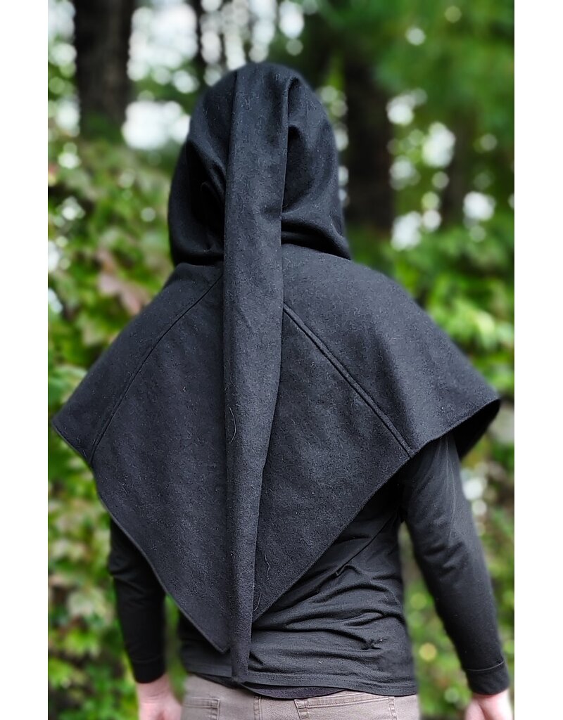 Cloakmakers.com H595-Washable Black Wool Hooded Cowl w/ Triple Dragon Embroidery & Liripipe