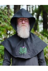 Cloakmakers.com H596-Washable Black Wool Hooded Cowl w/ Green & Purple Thistle Embroidery