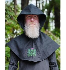 Cloakmakers.com H596-Washable Black Wool Hooded Cowl w/ Green & Purple Thistle Embroidery