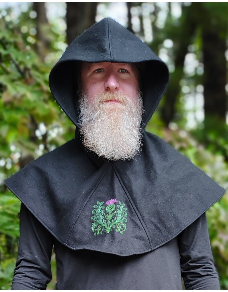 Cloakmakers.com H596-Washable Black Wool Hooded Cowl w/ Green & Purple Thistle Embroidery
