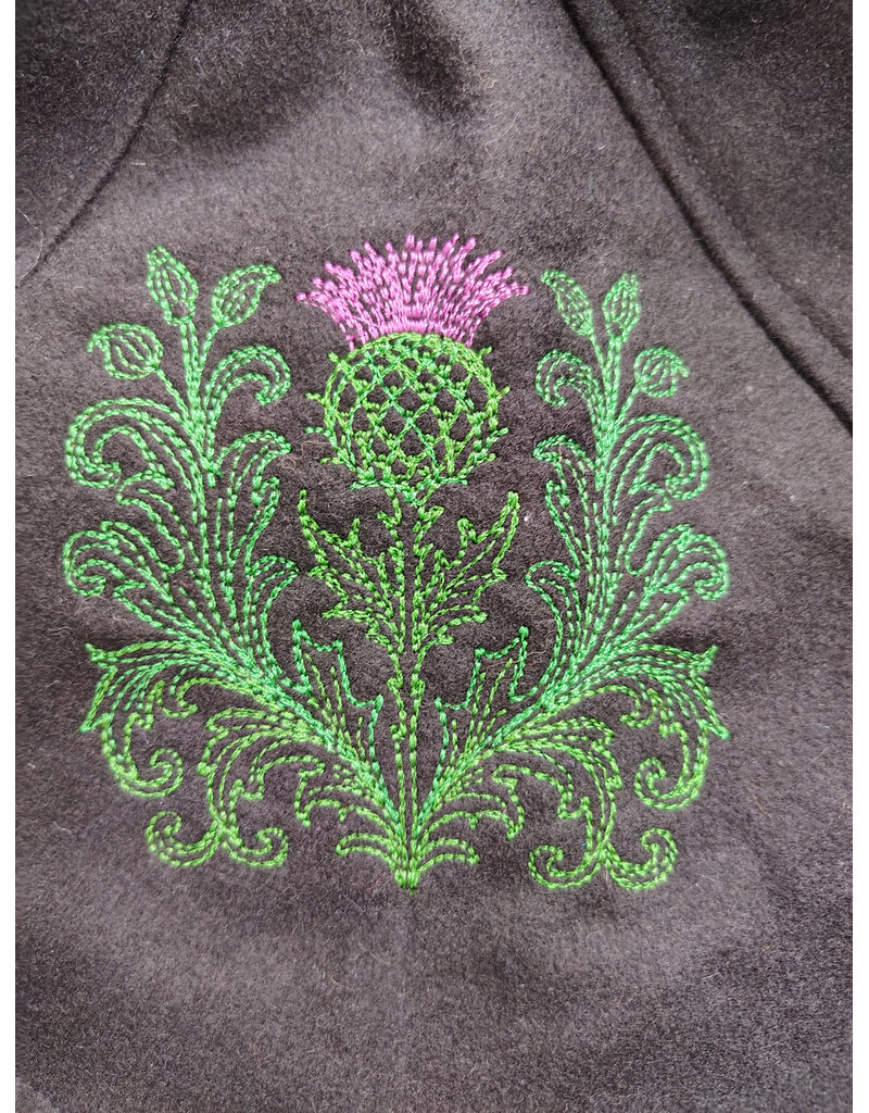Cloakmakers.com H596-Washable Black Wool Hooded Cowl w/ Green & Purple Thistle Embroidery