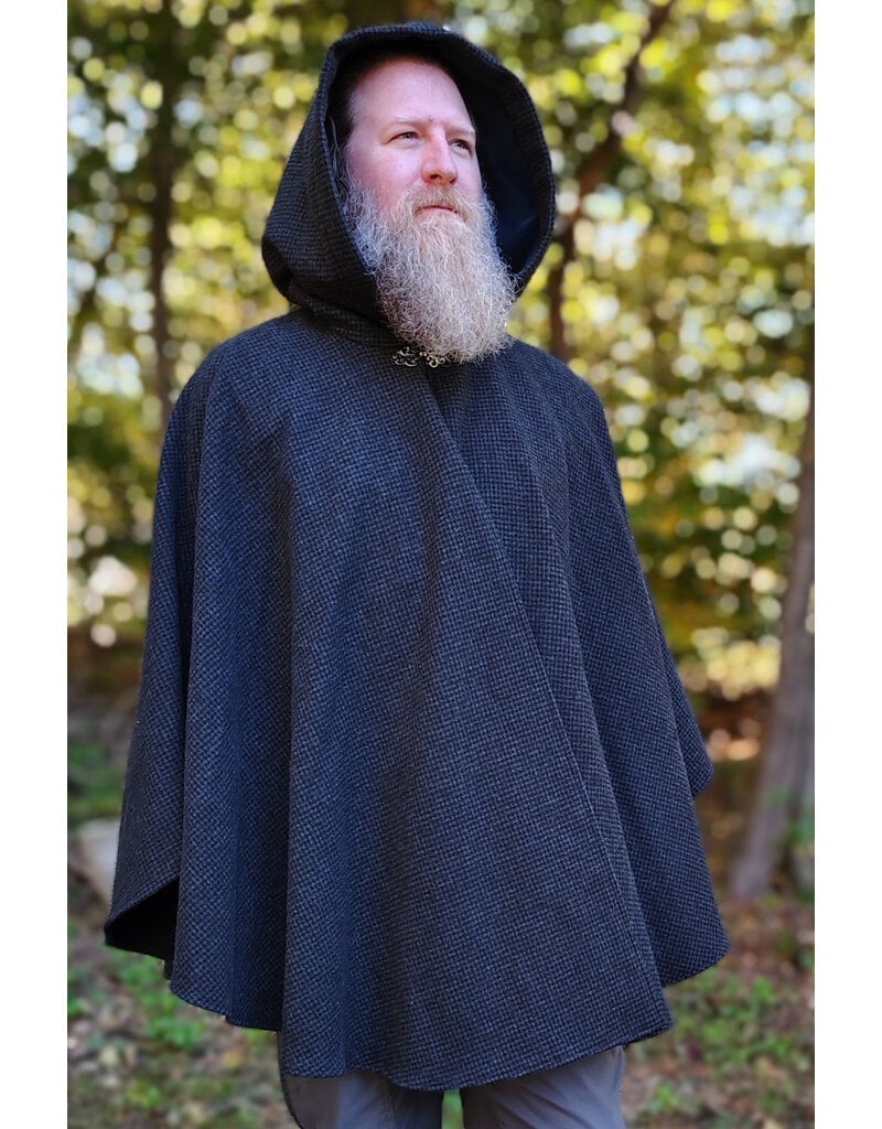 Cloakmakers.com 6176-Washable Black & Grey Plaid Wool Cloak w/ Midnight Blue Velveteen Hood Lining & Two Pockets