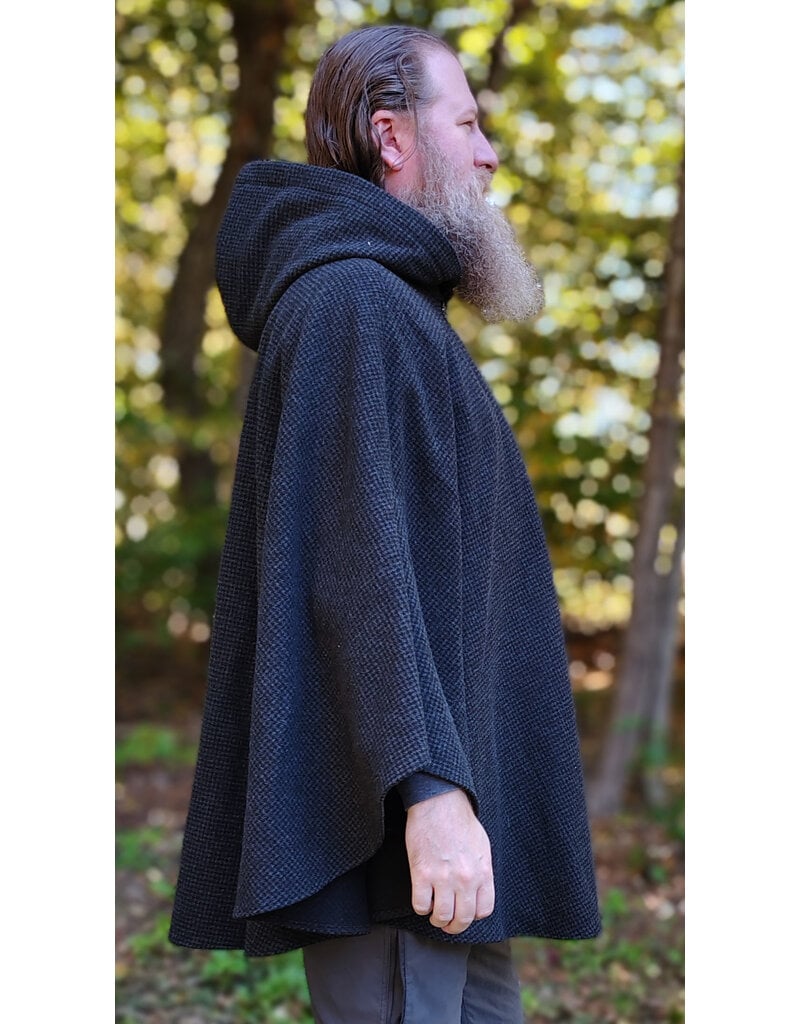 Cloakmakers.com 6176-Washable Black & Grey Plaid Wool Cloak w/ Midnight Blue Velveteen Hood Lining & Two Pockets