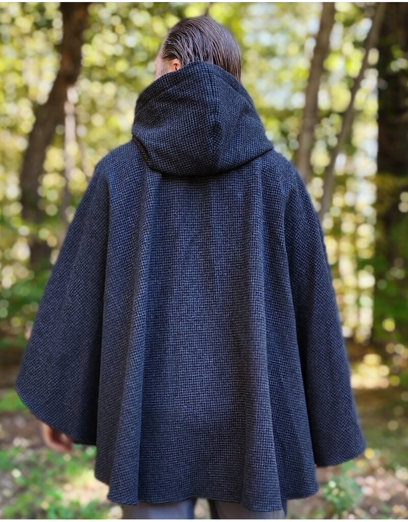 Cloakmakers.com 6176-Washable Black & Grey Plaid Wool Cloak w/ Midnight Blue Velveteen Hood Lining & Two Pockets