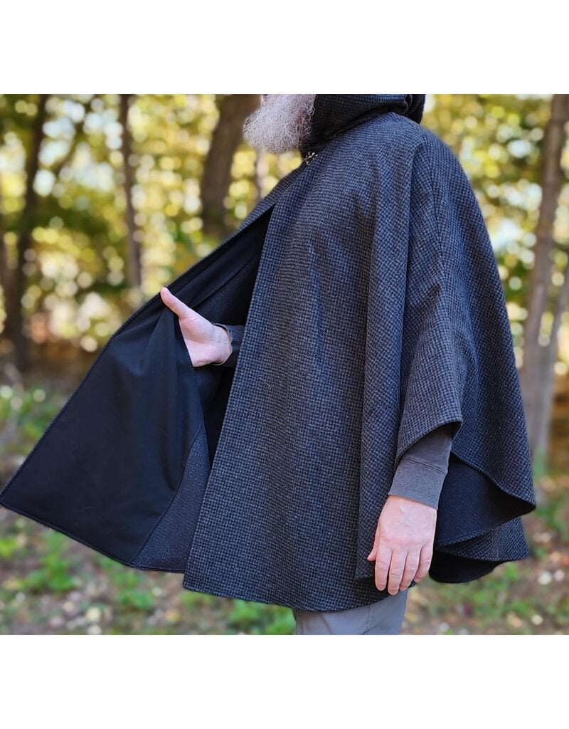 Cloakmakers.com 6176-Washable Black & Grey Plaid Wool Cloak w/ Midnight Blue Velveteen Hood Lining & Two Pockets
