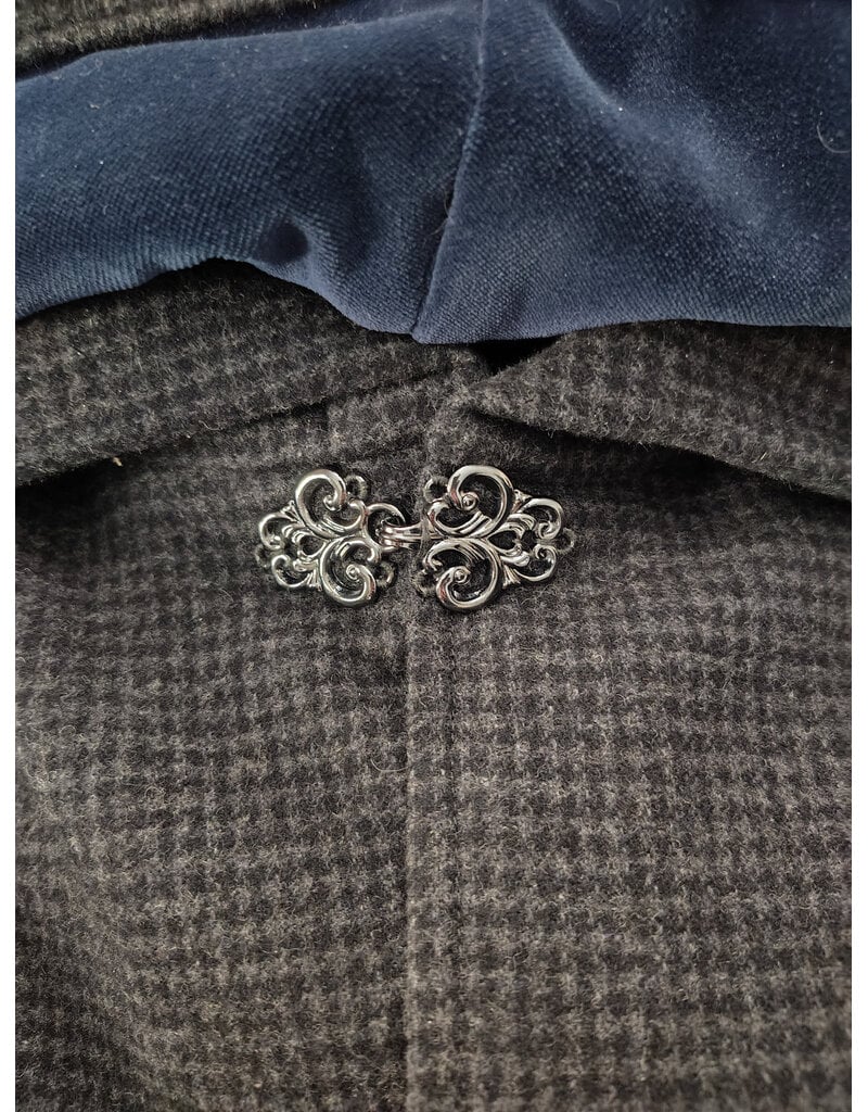 Cloakmakers.com 6176-Washable Black & Grey Plaid Wool Cloak w/ Midnight Blue Velveteen Hood Lining & Two Pockets