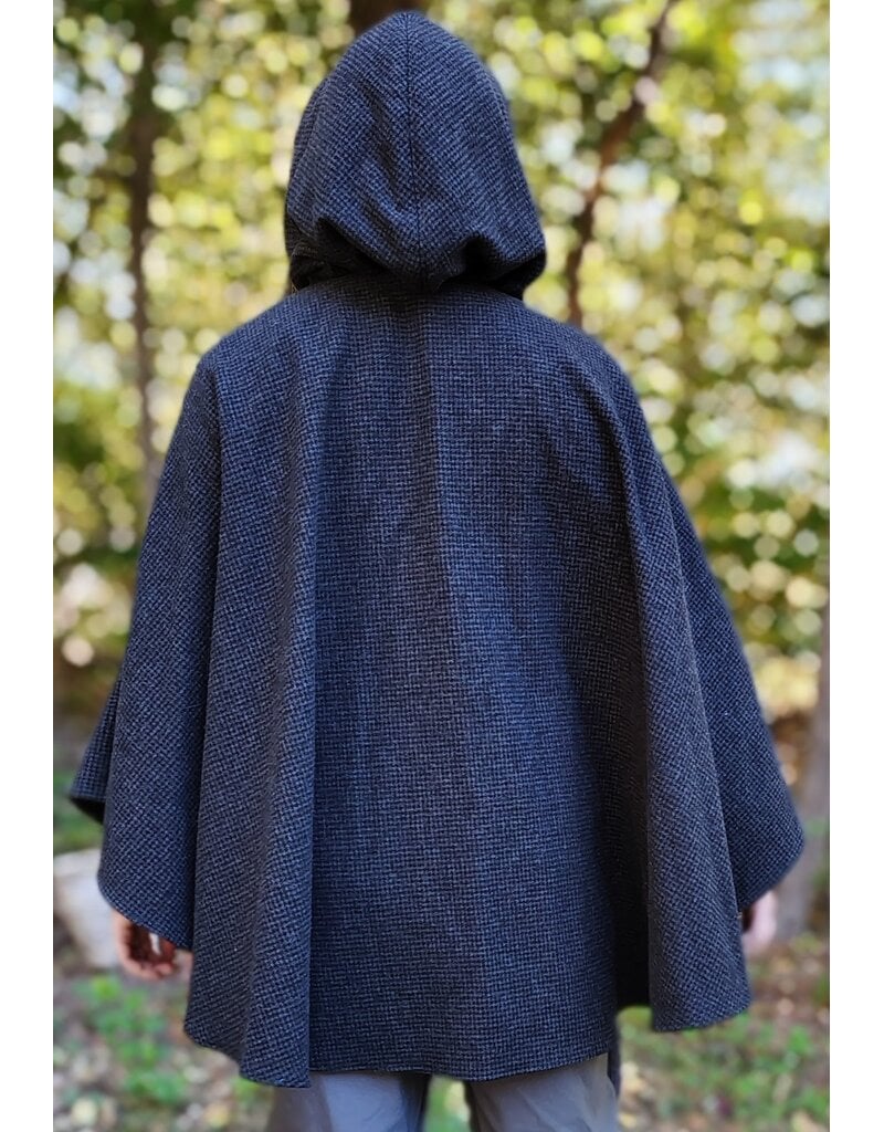 Cloakmakers.com 6176-Washable Black & Grey Plaid Wool Cloak w/ Midnight Blue Velveteen Hood Lining & Two Pockets