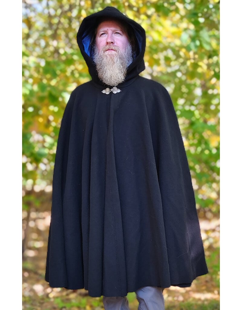Cloakmakers.com 6177-Washable Black Wool Cloak w/ Blue Velvet Hood Lining & Triple Medallion Clasp